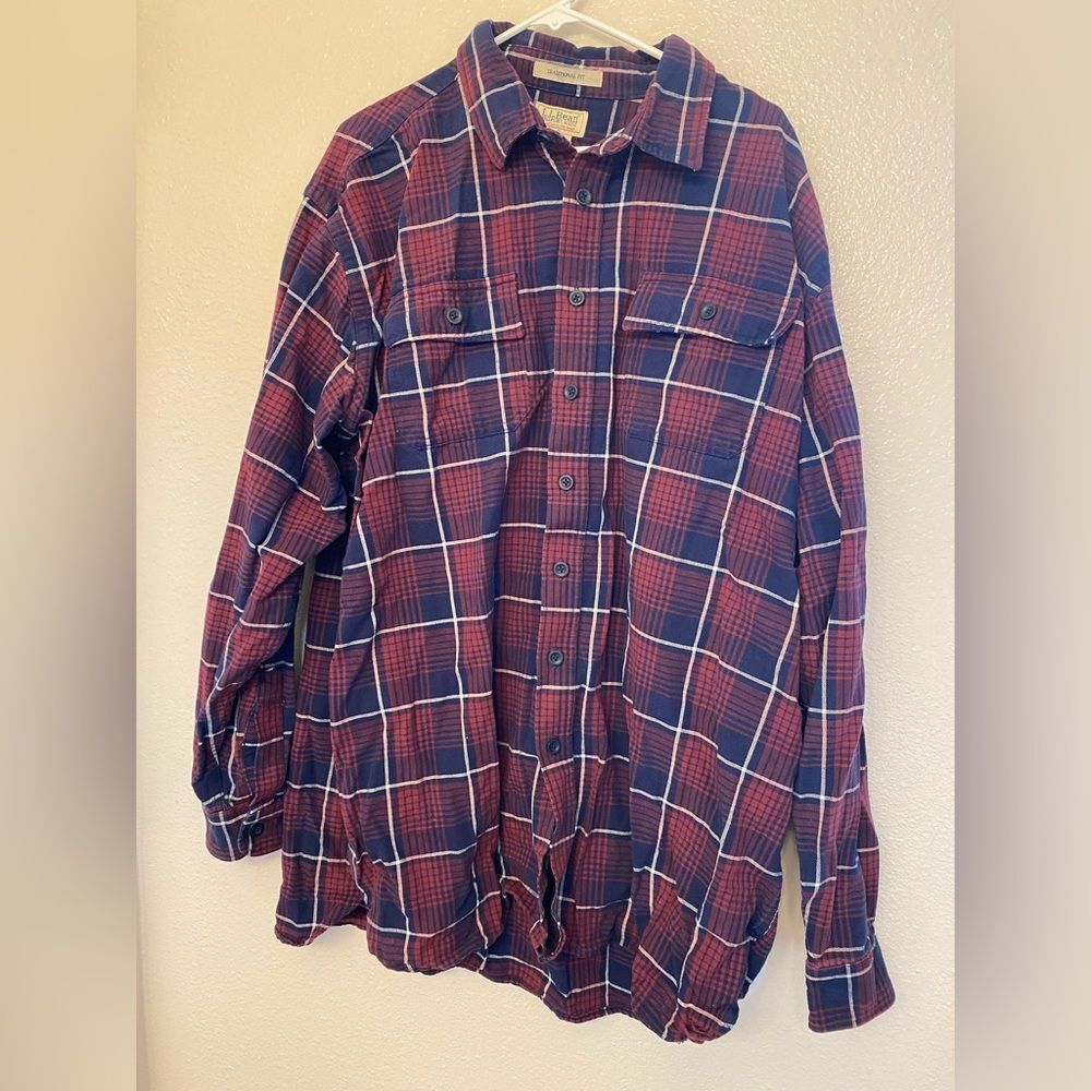 Ll Bean vintage red blue plaid flannel 100% cotton Button Up shirt XXL TALL